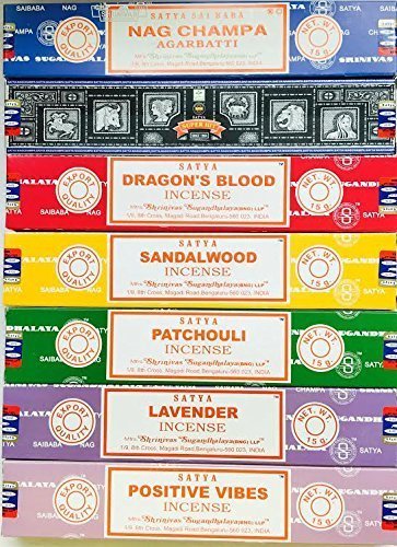 Satya Incense Gift Set Nag Champa, Super hit, Dragon's Blood, Sandalwood, Patchouli, Lavender, Positive Vibes, 15 g - 