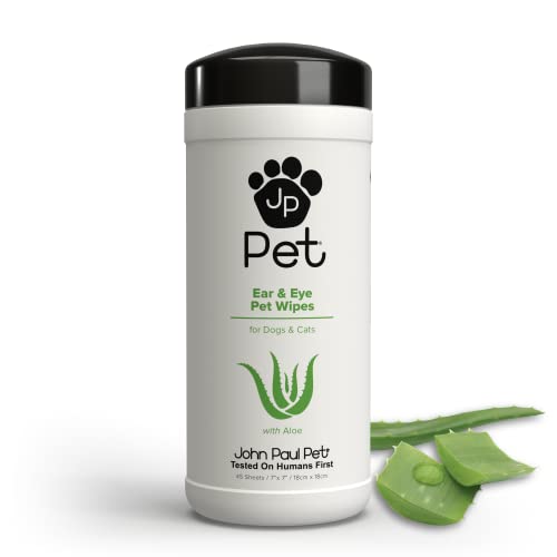John Paul Pet Ear & Eye Pet Wipes for Dogs and Cats, 2 in 1, Safe, Clean Face, Infused with Aloe, pH Balanced, Cruelty Free, Paraben Free, Made in USA, Unscented, White, 7" x 7" - Ear and Eye Wipes