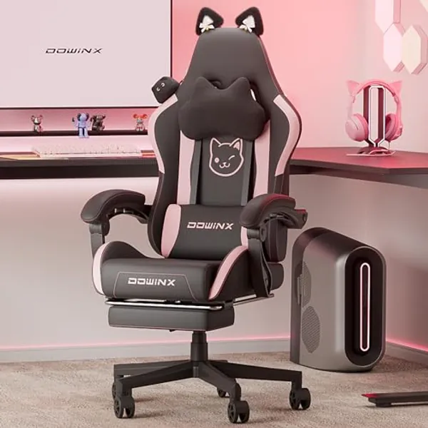 Dowinx Gaming Chair Cute with Cat Ears and Massage Lumbar Support, Ergonomic Computer Chair for Girl with Footrest and Headrest, Comfortable Reclining Game Chair 290lbs for Adult, Teen, Black