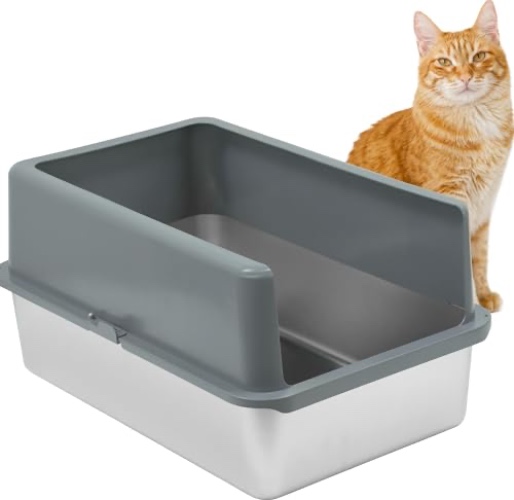 iPrimio Enclosed Sides Stainless Steel Litter Box - XL for Big Cats - Stainless Easy Cleaning High Sided Litter Box, 1 Pan w/Enclosure - 1 Pan With Enclosure