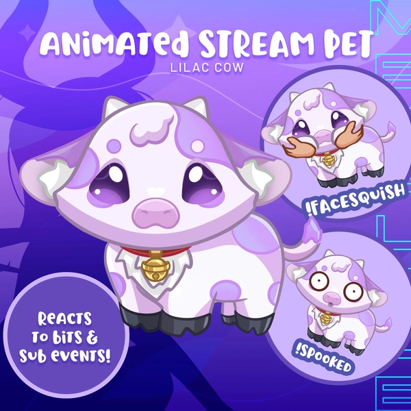 Interactive Lilac Cow Stream Pet: Chat Reactions, Greetings, Subs & Bits Response - Animated Digital Asset for Twitch Streamers