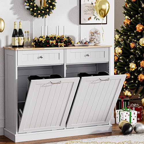 AHB Double Tilt Out Trash Cabinet Kitchen Trash Bin Cabinet 2x13 Gallons Free Standing Recycling Trash Can Cabinet with Hideaway Drawers Pet Proof Trash Can Holder for Kitchen Living Room, White - White - 2x13 Gallons