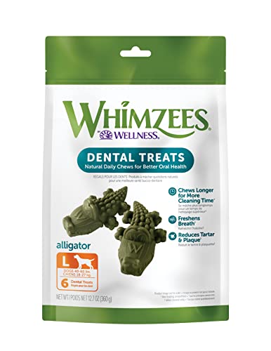 WHIMZEES by Wellness Alligator Natural Dental Chews for Dogs, Long Lasting Treats, Grain-Free, Freshens Breath, Large Breed, 6 count - Dental Large - 6 Count (Pack of 1)