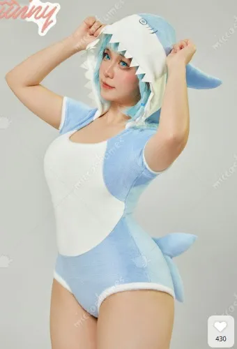 Blue Shark Comfy Sexy Lingerie Hooded Bodysuit with Tail Kawaii Bodycon Romper Homewear