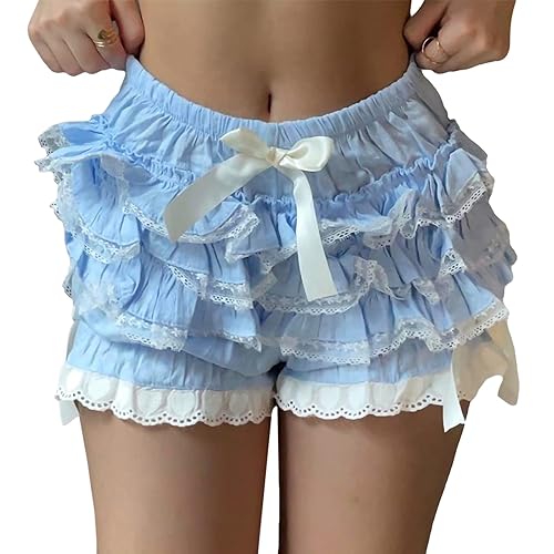 NUFIWI Women Lolita Bloomers Cute Ruffle Shorts Lace Pumpkin Pants Sexy Boyshorts Layered Bottoms Y2k Sweet Pettipants - Blue Bow - Small
