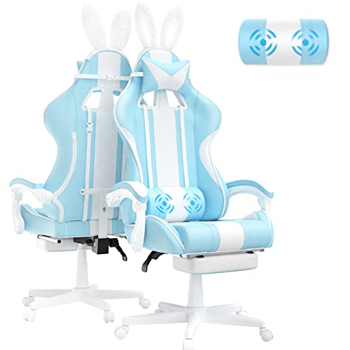 Ferghana Kawaii Light Blue Gaming Chair with Bunny Ears, Ergonomic Cute Gamer Chair with Footrest and Massage, Racing Reclining Leather Computer Game Chair 250lbs for Girls Adults Teens Kids - Baby Blue