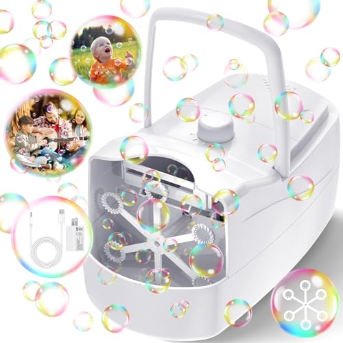Bubble Machine,18000+ Big Bubbles/Min Automatic Bubble Blower for Kids with 2 Speeds,6 Wands,Operated by Plugin or Batteries Bubble Maker for Outdoor/Indoor Birthday Parties,Wedding (White) - White