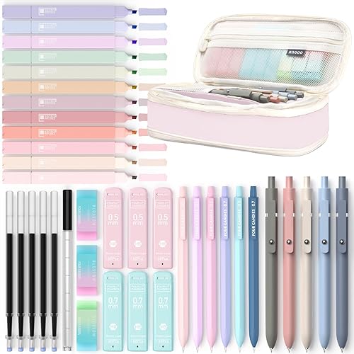 Four Candies 39 PCS Aesthetic School Supplies with Cute Pen Case, 12 Pastel Highlighters, 5 Black Ink Gel Pens, 6 Mechanical Pencils Set 0.5 & 0.7 mm for Students Stationary College Essentials (Pink) - Pink