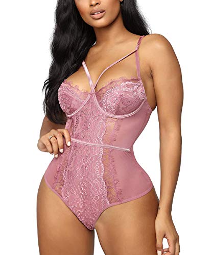 Buitifo Womens Sexy Bodysuit Lingerie One Piece Babydoll V Neck Teddy Snap Crotch - Pink - Medium