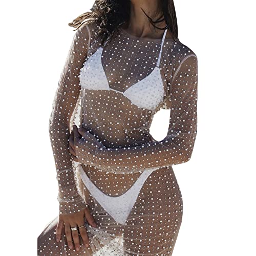 Honganda Sexy Women's Sheer Mesh Pearl Rhinestone Cover Up Dress Beach Swimwear Bikini Bathing Suit Coverups - White - Small