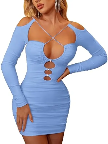 Colysmo Women's Sexy Hollow Out Long Sleeve Bodycon Mini Dress Ruched Mesh Short Dresses for Club Night Out