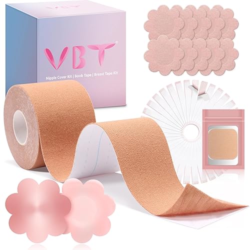 VBT Breast Tape, Replace Bra-Instant Boob Tape, Suitable for A-G, Bob Tape for Breast Lift w 1 Boobtape, 5 Pairs Satin Breast Petals, 1 Pair Silicone Nipple Stickers, 36 PCS Double Sided Tape Beige - 2" - Beige - 1