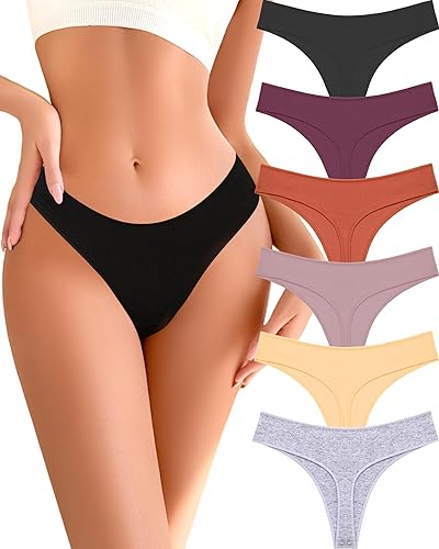 READY TO LOVE Cotton Underwear for Women Pack Breathable Thongs for Women Sexy Stretch Soft Womens Panties Thong XS-XL - Black/Purple/Caramel/Khaki/Apricot/Gray - Small
