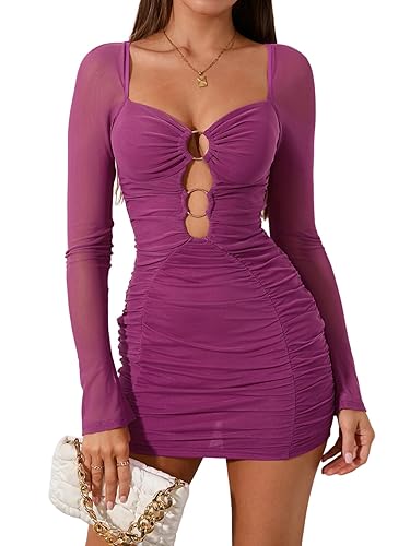 Colysmo Women's Sexy Hollow Out Long Sleeve Bodycon Mini Dress Ruched Mesh Short Dresses for Club Night Out - Medium - Plum