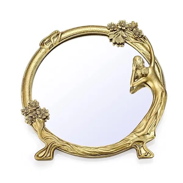 JUXYES Antique Gold Resin Frame Decorative Wall Mirror Makeup Mirror, Vintage Cosmetic Mirror with Beauty Golden Frame, Elegant European Wall Hanging Dressing Mirror Decor for Bathroom Bedroom