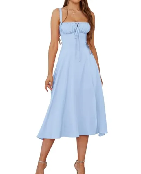 Floral Midi Corset Dress Boho Flowy Slit Lace Up Dresses for Women Going Out A Line Casual Sundress