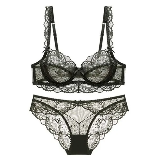 Zegoo Women's Ultra-Thin Translucent Bra Set Lace Embroidery Lingerie Bra and Panties