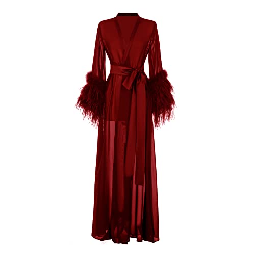 Sexy Feather Robe Long Fur Chiffon maternity robe Photoshoot Bridal Robe Lingerie Sleepwear - Small - Burgundy