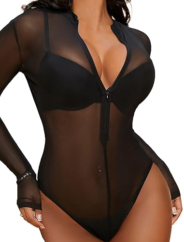 Avidlove Womens Mesh Bodysuit Long Sleeve Snap Crotch Bodysuit See Through Zipper Sheer Leotards Sexy Bodysuit Tops - Black - Medium
