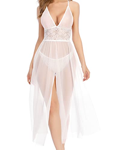 Avidlove Women Lingerie Set Lace Babydoll V Neck Halter Nightdress Sexy Split Maxi Long Gown Sheer Nightgown - Medium - White