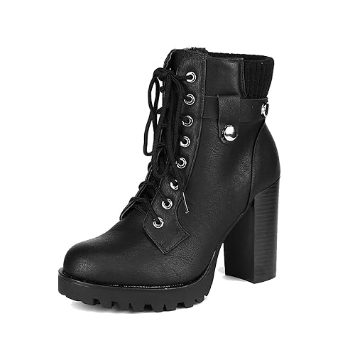 DREAM PAIRS Chunky Waterproof Ladies Boots Lace Up Side Zipper Black Platform Leather High Heels Ankle Boots for Women SCANDL - 7.5 UK - Black