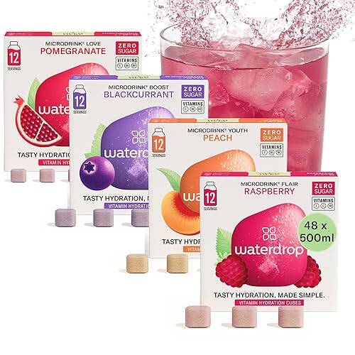 waterdrop® Microdrink Set - Water Flavouring - Hydration Tablet - Natural Fruit Mix - Vitamin C - Sugar Free - Raspberry - Pomegranate - Blackcurrant - Peach - 48 Drinks - BESTSELLER SET