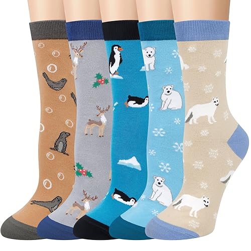 Chalier Cozy 5 Pairs Women Socks Funny Cute Animal Ladies Socks Cat Dog Socks Gifts for Women, One Size - Z7-polar theme