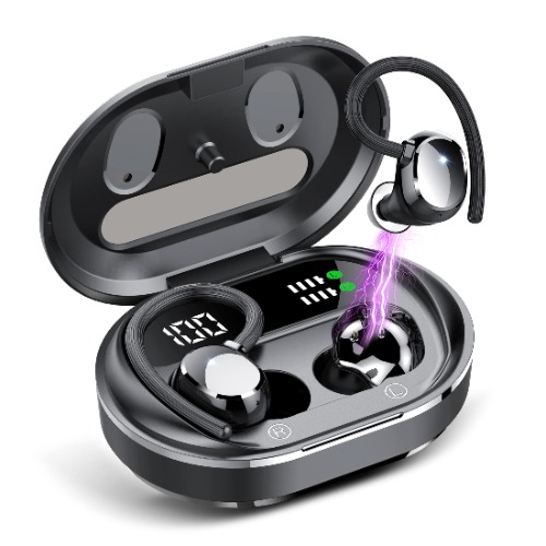 Bluetooth 5.3 Kopfhörer Sport, In Ear Kopfhörer Kabellos Bluetooth mit Ohrhaken, Bequemer Sitz, Tiefer Bass, 30H Spielzeit mit USB-C LED Ladebox, IPX7 Wasserdicht Lauf Ohrhörer mit Mic, Schwarz - Schwarz