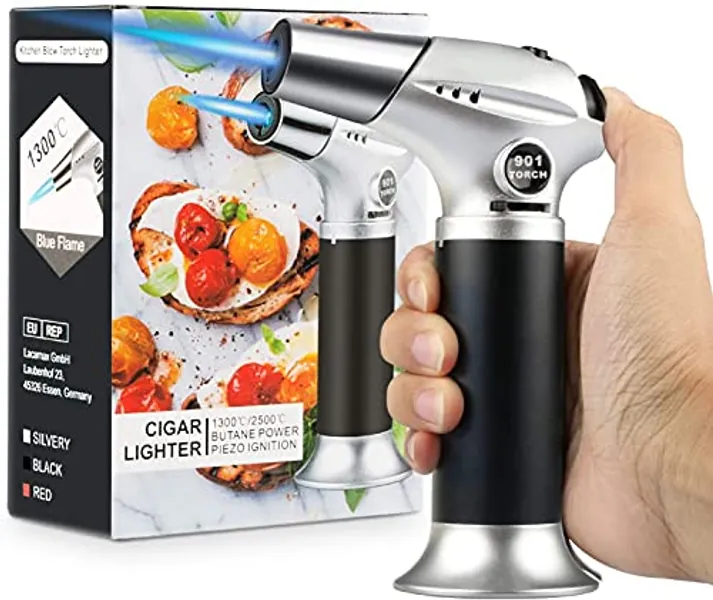 Blow Torch, Professional Kitchen Cooking Torch with Lock Adjustable Flame Refillable Mini Blow Torch Lighter for BBQ, Baking, Brulee Creme, Crafts and Soldering(Butane Gas Not Included) - ‎silver+black