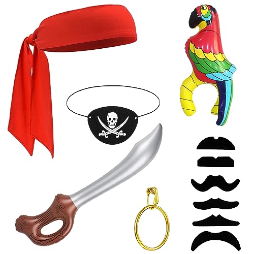 FUEAWIM 6 Pcs Pirate Accessories Include Pirate Parrot Shoulder Prop Pirate Eye Patch Head Bandana Halloween Pirate Costume Cosplay