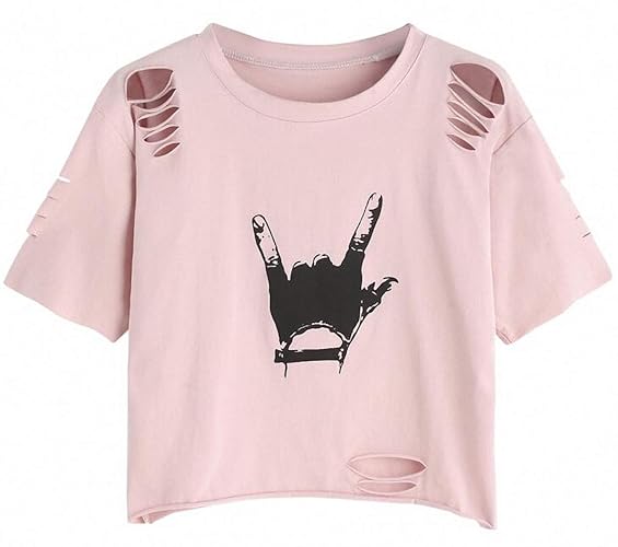 SweatyRocks Women's Short Sleeve T Shirt Graphic Print Distressed Crop Top - Medium - Gesture Light Pink