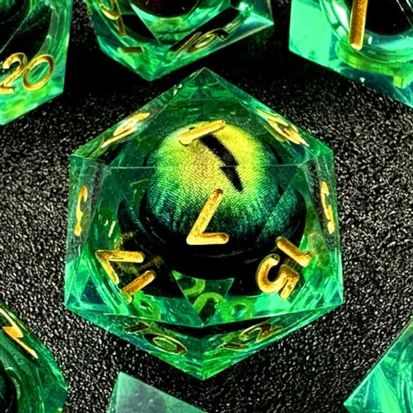 HAOMEJA DND Resin Dice Beholder's Dragon Eye Dice Liquid Core Dice Set with Gift Dragon Eye Bag, Sharp Edges Dice Set 7 PCS Apply to Dungeons and Dragons Dice D20 D12 D10 D100 D8 D6 D4 (Eye Green) - 7 Eye Green