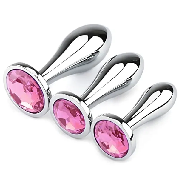 Anal Butt Plug, 3Pcs Set Metal Anal Butt Plug Sex Toys with Crystal Diamond Beginner Anal Toys for Adult Unisex (Pink) - pink