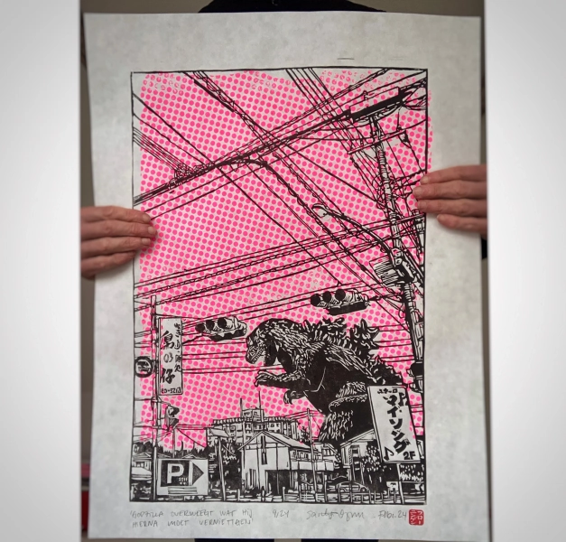 Godzilla lino print