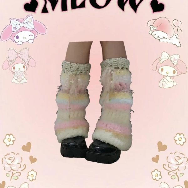 Pink and White Knitted Leg Warmers