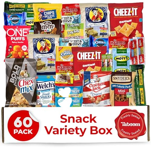 Bulk Snacks Variety Box - 60 Count Gift Care Package for Kids, Kids, College Students, Office, Halloween Snacks & Treats - Includes Assorted Chips, Candy, and Treats