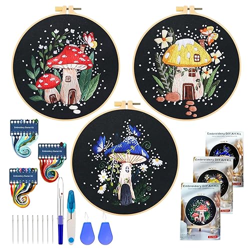 3 Stücke Sticken Set Erwachsene Pilz Embroidery Kit Stickset für Anfänger DIY Kreuzstich Set Stickerei Set mit Anleitung Pilz Gestempelten Stickerei Set Anfänger für DIY Kunst Handwerk Nähen
