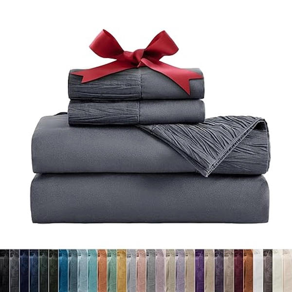 Bedsure Queen Sheet Set - Soft, Breathable and Durable Embossed Design Bed Sheets(Grey), 4 Pieces Hotel Luxury Queen Sheets, Easy Care Polyester Microfiber Cooling Bed Sheet Set for Queen Size Bed