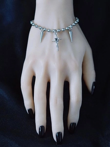 [$8.99]Silver&Black Gothic Cross And Studs Charm Bracelet