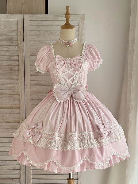 [$126.00]Pink Square Neckline and Short Puff Sleeves Cotton Dress Old School Lolita One Piece