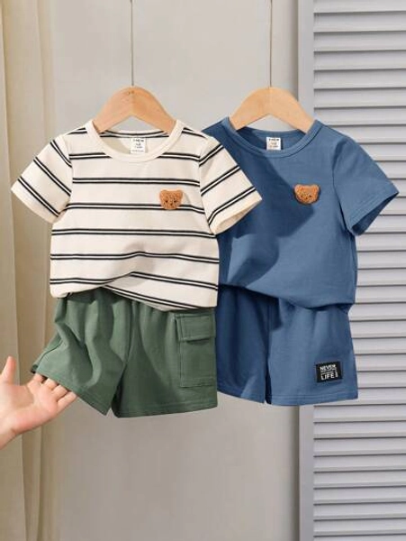 SHEIN 4pcs/Set Baby Boy Korean Style Cute Cartoon Striped Short Sleeve T-Shirt & Elastic Waist Cargo Shorts Set, Summer