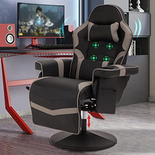LVUYOYO Reclining Gaming Chair, Gaming Chair with Footrest and Massage, High Back PU Leather Gaming Recliner w/Adjustable Height, Swivel Game Chair with Lumbar Support, Cup Holder, Headrest