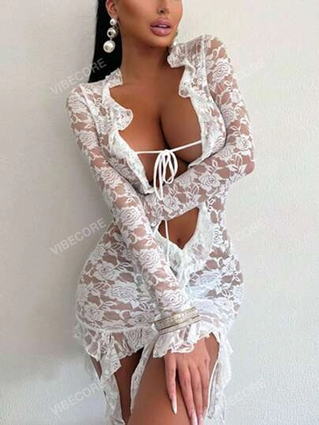 Vestido ceñido de mujer sexy de encaje transparente con lazos, para fiestas, primavera, verano, fiestas, club, estilo Y2K, vacaciones, ropa de playa