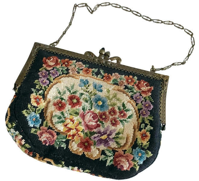 Rare Antique 1900s Embroidered Hand Bag Clasp Purse. Danish Floral Botanical Cross Stitch Art Work. Vibrant Colors Contrast on Black
