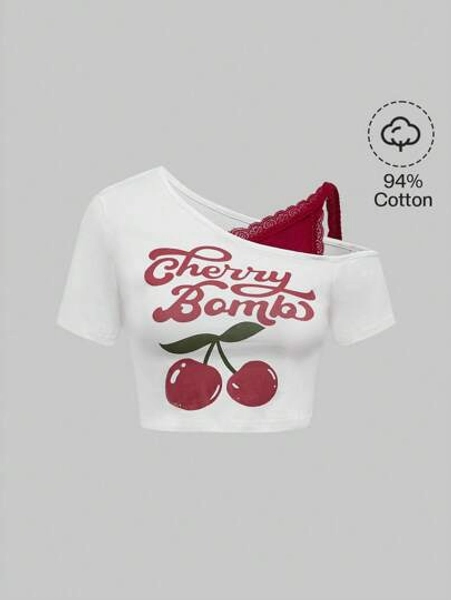 ROMWE Kawaii Camiseta Fofa com Estampa de Cereja e Tecido de Renda 2 em 1 com Ombros Oblíquos para o Dia dos Namorados (Mulheres)