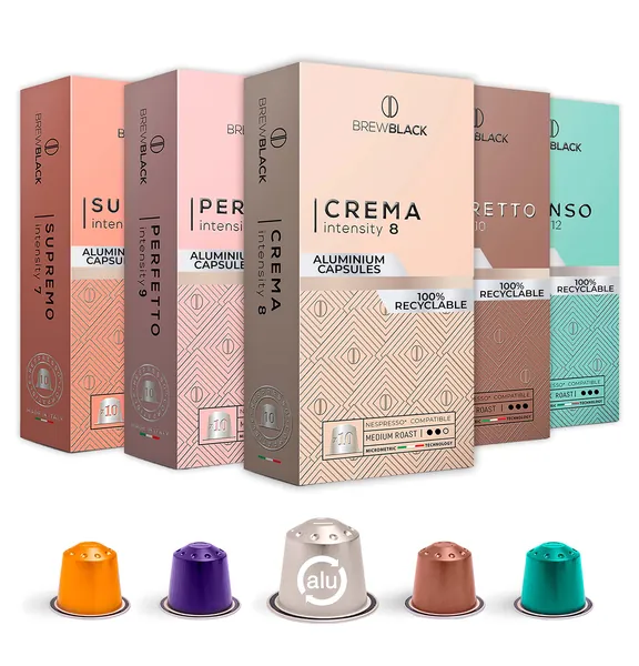 New BrewBlack Aluminium Coffee Capsules | Nespresso* Original line Compatible Pods | Made in Italy (Variety Collection, 50 Capsules)