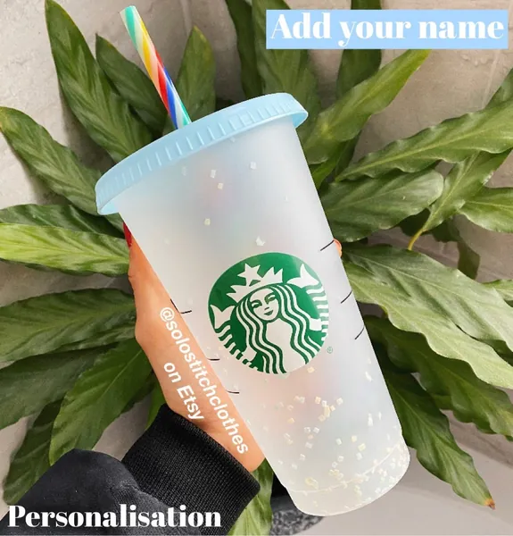 Personalised option Reusable colour changing confetti Cup with - 24oz.  | Tumbler | Cold cup | with straw and lid. Personal Starbucks