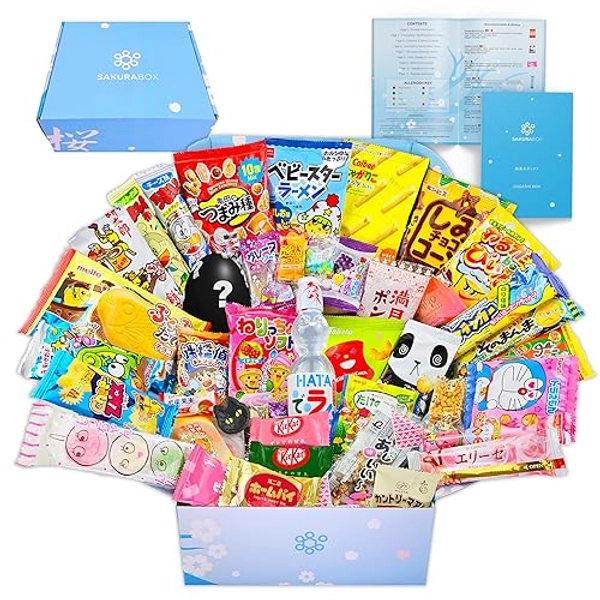 Sakura Box Japanese Candy & Snacks Dagashi Set & Pamphlet 50 Pieces Japanese Food Gift Box