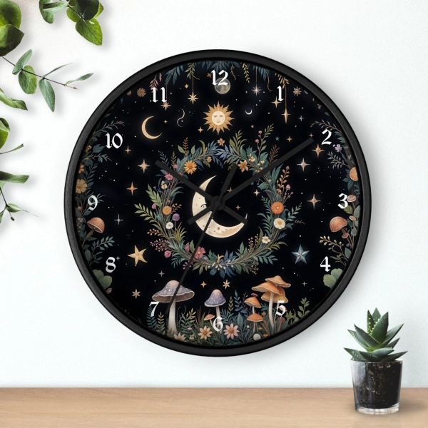 Mystical Moon Wildflower Wall Clock, Witchy Mushroom Wildflower Cottagecore Floral Kitchen Wall Clock, Home Decor Gift for Her