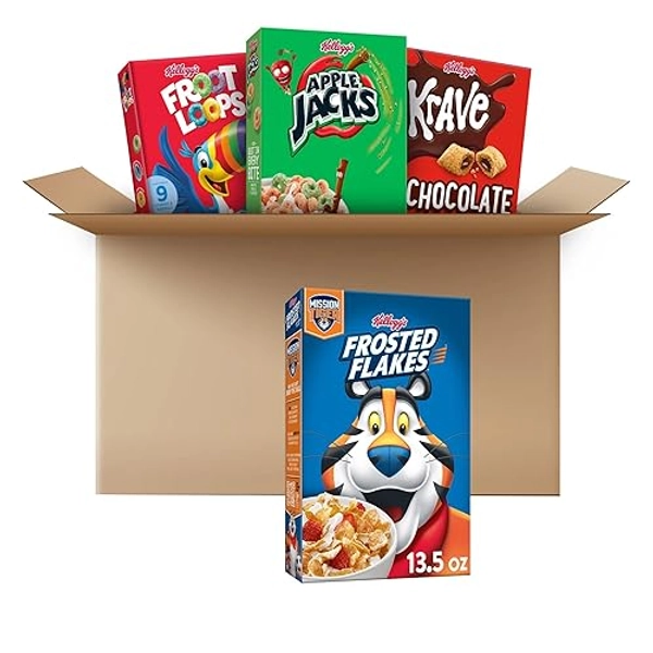 Kellogg's Cold Breakfast Cereal, Bulk Pantry Staples, Kids Snacks, Variety Pack (4 Boxes)